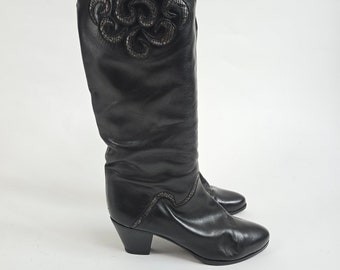 vintage 80s black leather western boots 80er Jahre Retro Lederstiefel Country schwarz Größe 39