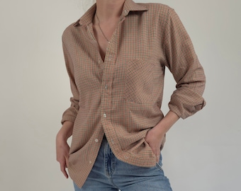 vintage 90s beige black red checked shirt size M-L 90s retro shirt beige black red checked