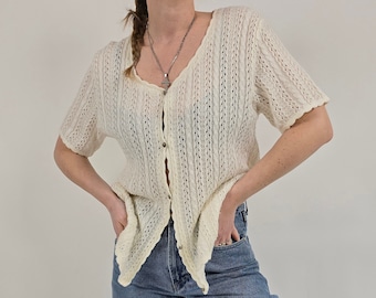 vintage 80s white knitted shirt size L 80er Jahre Retro Strickshirt Bluse Jacke Größe 46