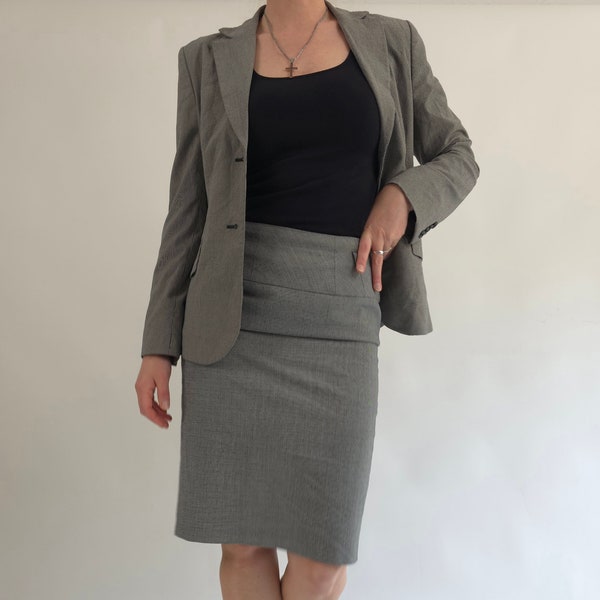vintage 90s grey skirt suit size S 90s retro skirt suit grey