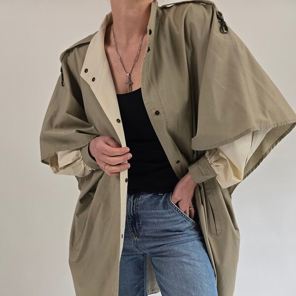 vintage 90s beige poncho jacket size M 90er Jahre Retro Jacke beige