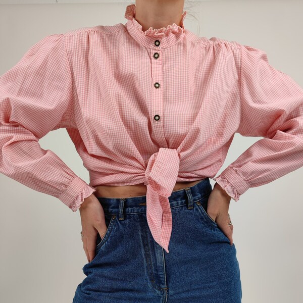 vintage 80s rose white checked bavarian trachten blouse size M 80er Jahre Retro Bluse Trachtenmode rosa weiß kariert