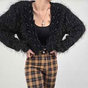 vintage 80s black fringe cardigan size M 80er Jahre Retro Strickjacke schwarz Fransen