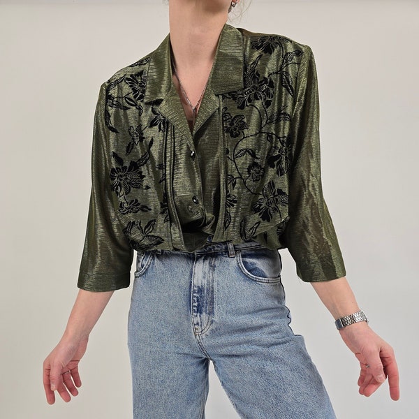 vintage 80s green shiny floral blouse size XL 80er Jahre Retro Bluse grün glänzend Blumen Größe 46