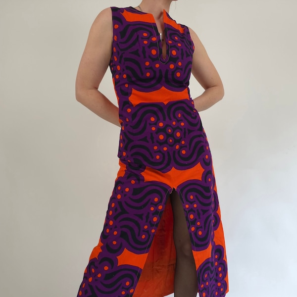 vintage 70 long colorful orange purple pattern dress size S 70er Jahre Retro Kleid lang orange lila Muster bunt Größe 38