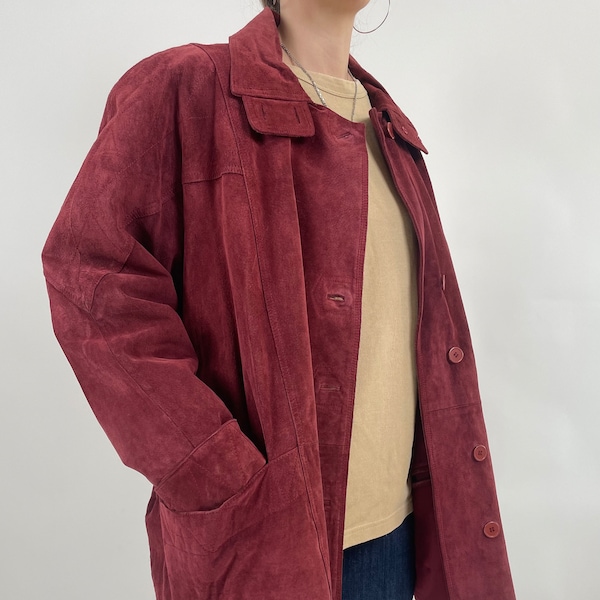 veste en daim rouge vintage des années 80 taille L veste en daim rétro des années 80 taille rouge 44