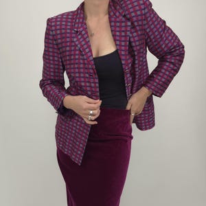 vintage 80s rasperry spódnica garnitur strój zestaw kratka kostium kobieta L 80s retro spódnica garnitur dwuczęściowy damski kostium malinowy kolorowy kratka
