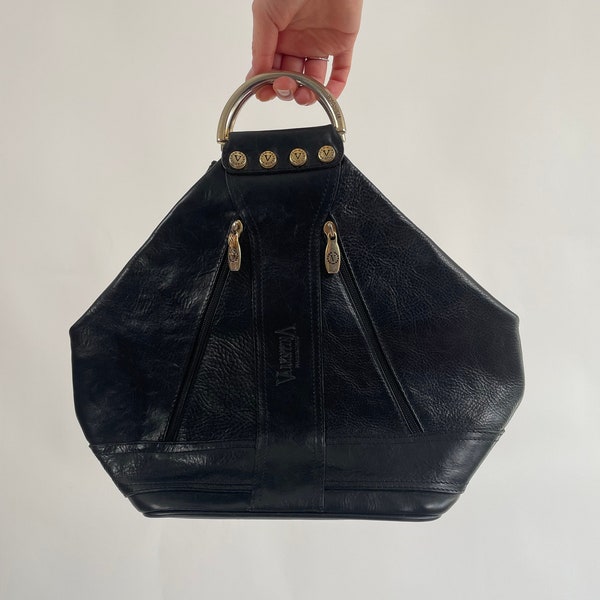 vintage 80s black gold valentina bag 80s retro leather bag Valentina black gold