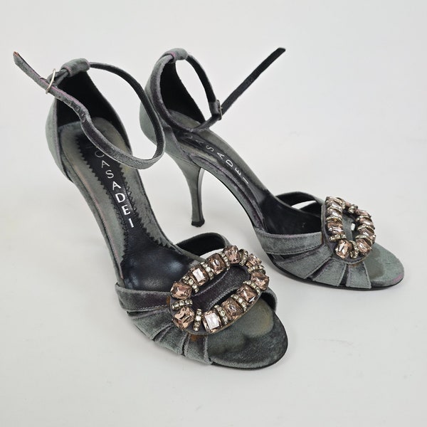 vintage 80s green diamond velvet Casadei high heels size US6 80s retro sandals green rhinestones size 36