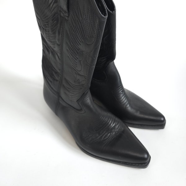 vintage 80s black leather western boots 80s retro leather boots black size 40