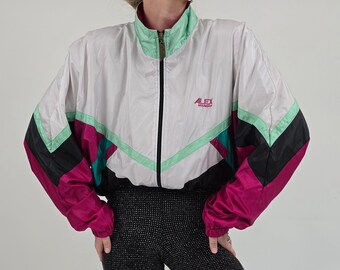 vintage 80s white pink black sports jacket size XL 80er Retro Sportjacke schwarz pink weiß