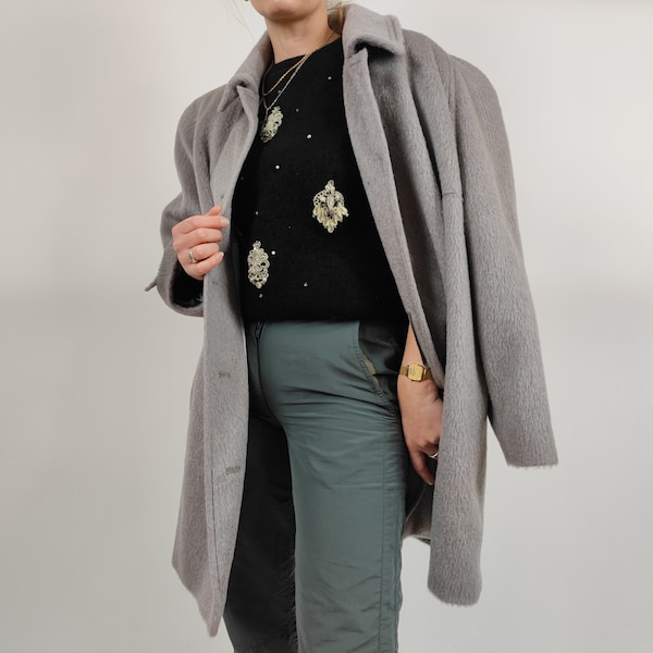 vintage 80s grey wool coat size XXL 80er Jahre Retro Mantel Wolle grau Größe 54