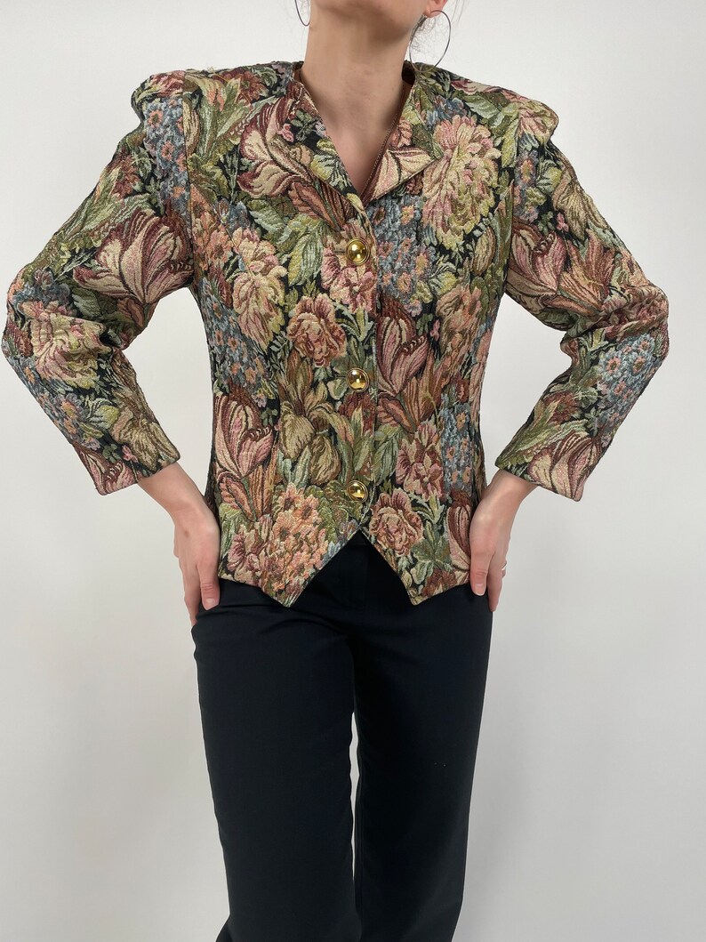 vintage 80s romantic floral tapisserie blazer size M 80er Jahre Retro Blazer Gobelin Blumen Bild 2