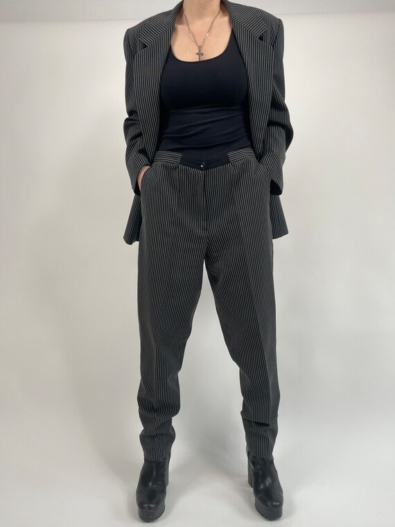 vintage 80s black pinstripes woman suit size L 80… - image 2