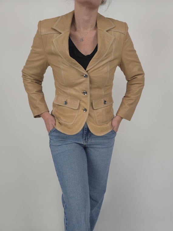 Vintage 90s beige classic leather jacket woman size S 90er Jahre
