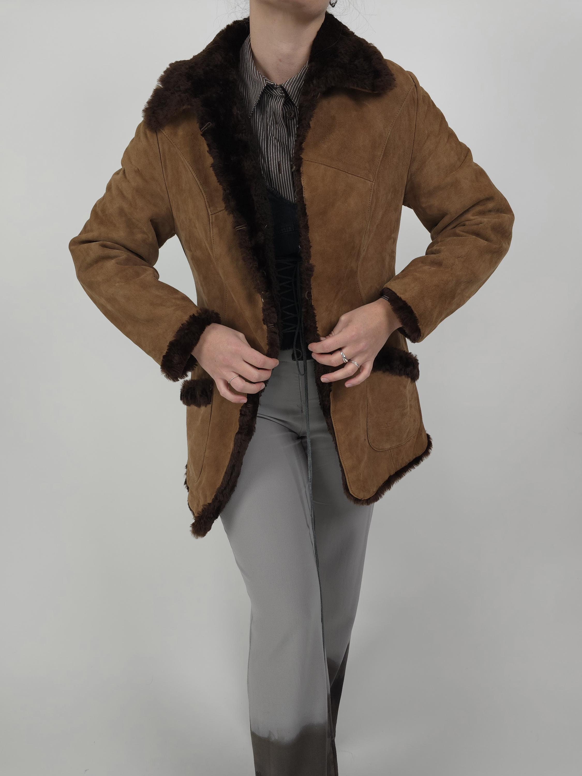 vintage y2k 90s brown leather fake fur jacket size M 90s 2000s retro leather jacket brown faux fur