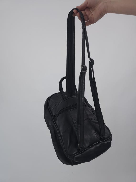 1980s leather backpack Vintage 80s Leather Backpack Black Small 80s Retro Backpack Black Leather  Small Old School Nostalgia Old-fashioned