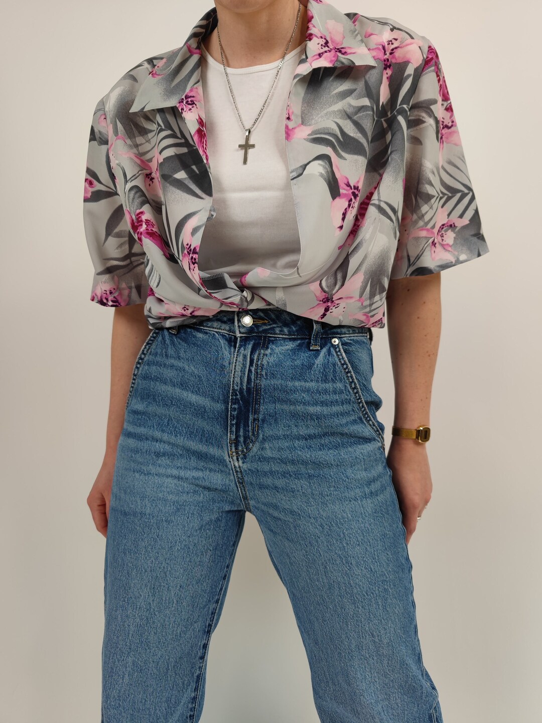 Vintage 80s Navy Green and Gold Abstract Print Blouse 16