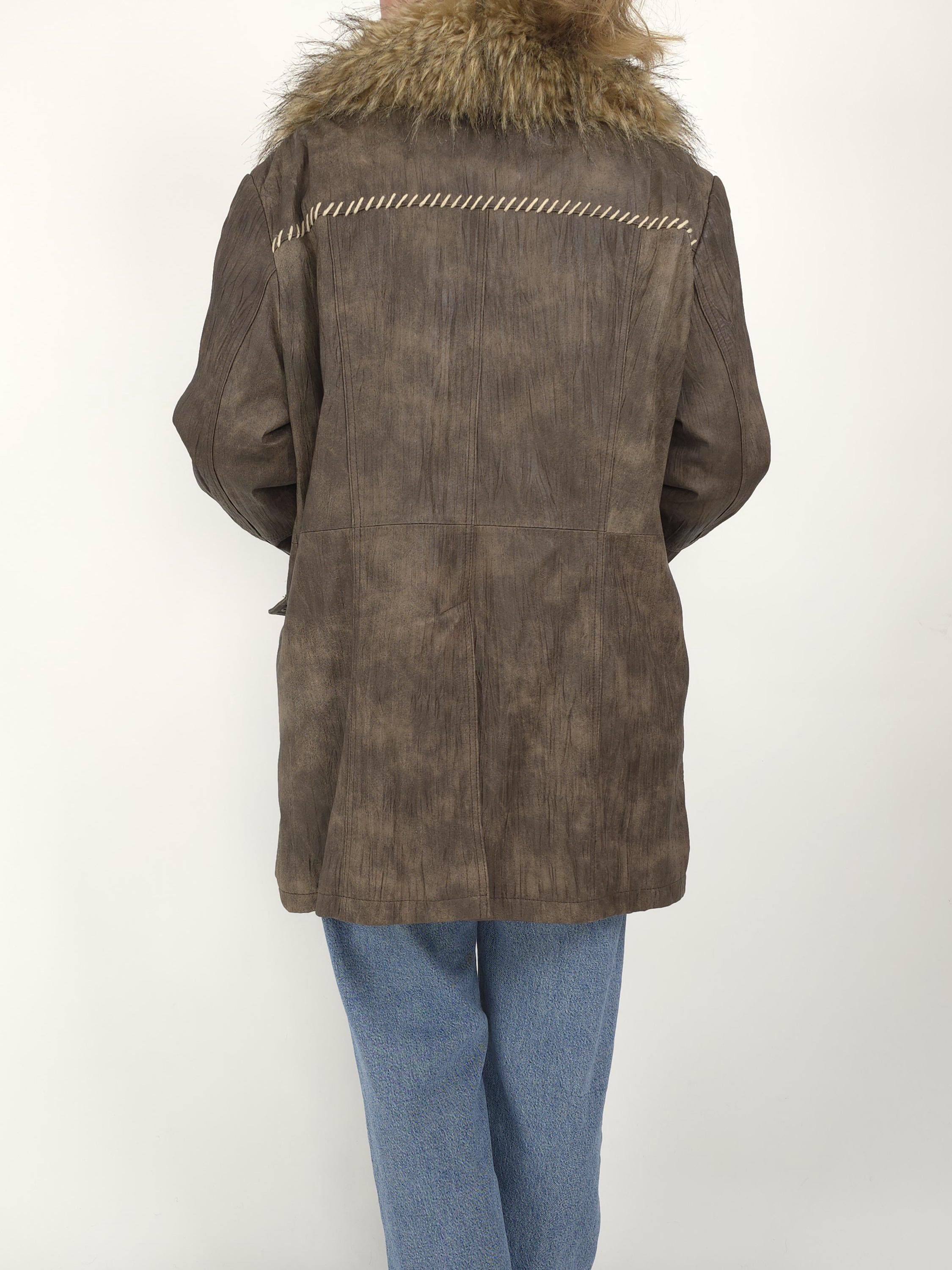 Vintage Y2k 90s Brown Leather Fake Fur Jacket Coat Size L Vintage Y2k 90s Brown Leather Fake Fur Jacket Coat Size L