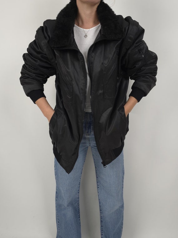 Vintage 90s Black Fake Fur Bomber Jacket Size XXL 90s Retro Bomber 