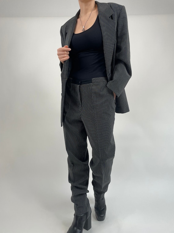 vintage 80s black pinstripes woman suit size L 80… - image 1