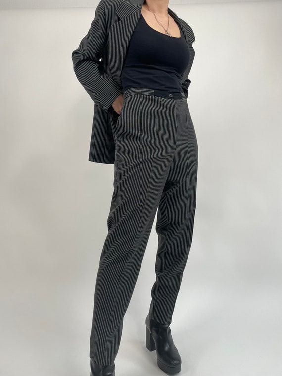 vintage 80s black pinstripes woman suit size L 80… - image 4