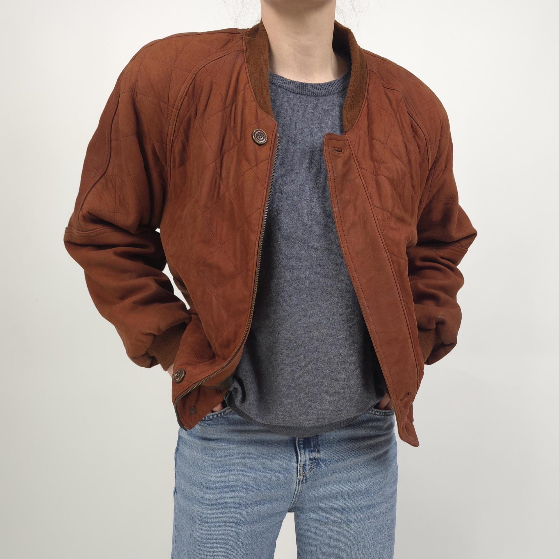 Vintage 80s brown fox leather bomber jacket, size M. 80s retro leather jacket, fox brown, unisex size 48.