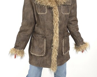Vintage Y2k 90s Brown Leather Fake Fur Jacket Coat Size L Vintage Y2k 90s Brown Leather Fake Fur Jacket Coat Size L