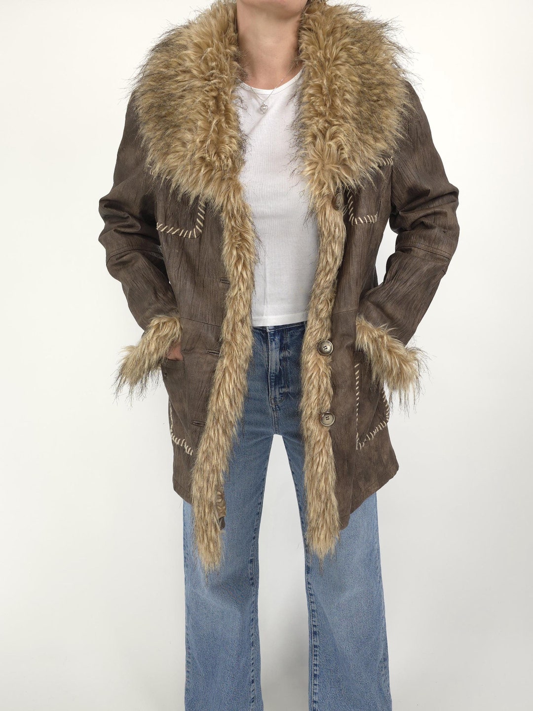 Vintage Y2k 90s Brown Leather Fake Fur Jacket Coat Size L Vintage Y2k 90s Brown Leather Fake Fur Jacket Coat Size L