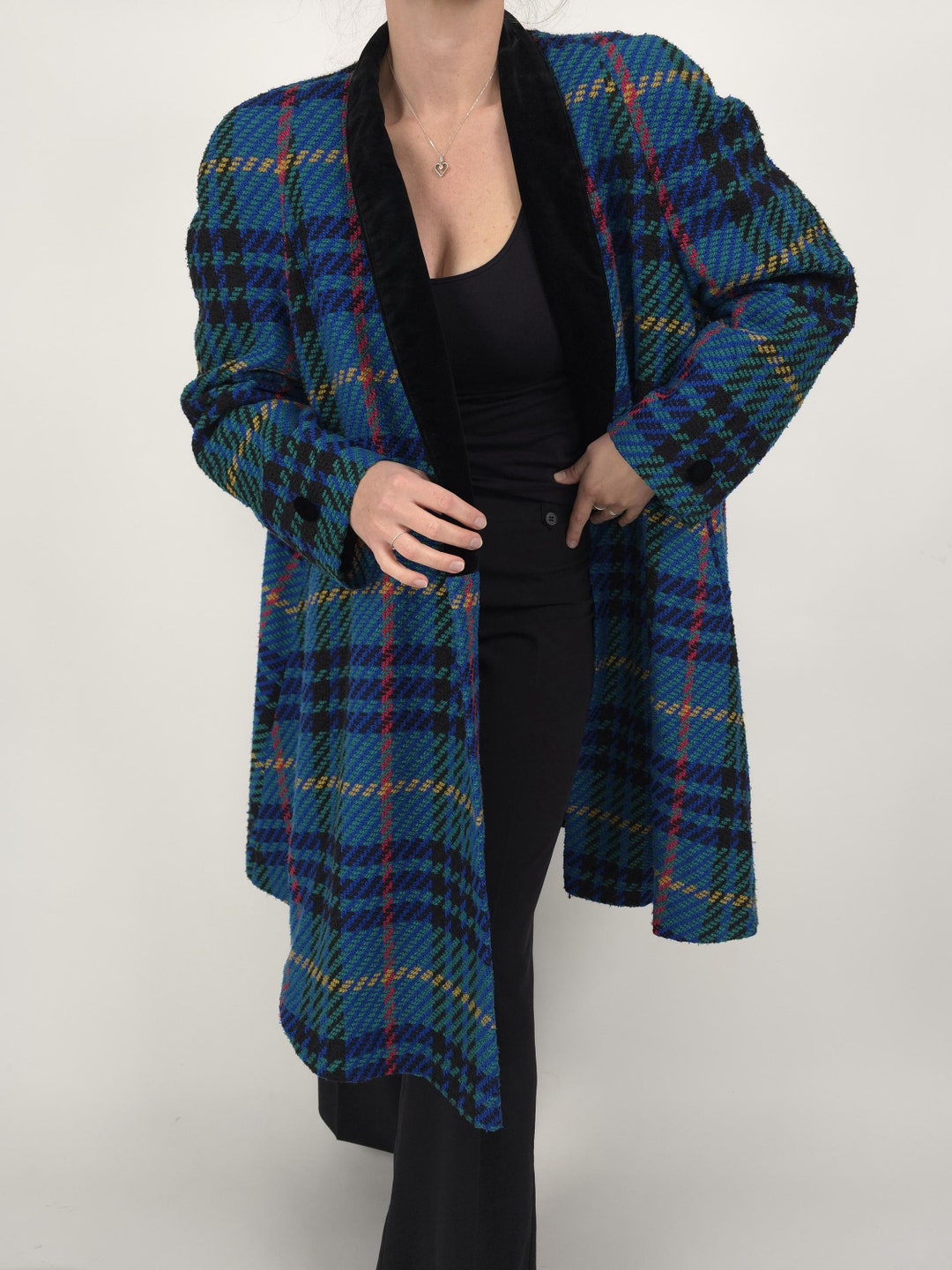 Vintage 80s Blue Checked Pattern Coat Size M-L 80s Retro Coat Blue ...