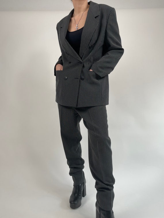 vintage 80s black pinstripes woman suit size L 80… - image 7