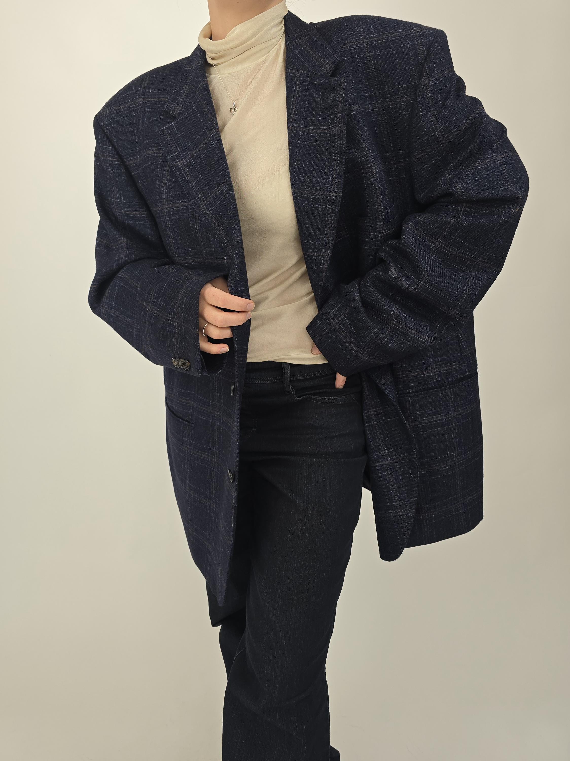 vintage 80s ROY ROBSON blue checked wool blazer size XXL 80s retro jacket designer jacket men's blue checked wool
