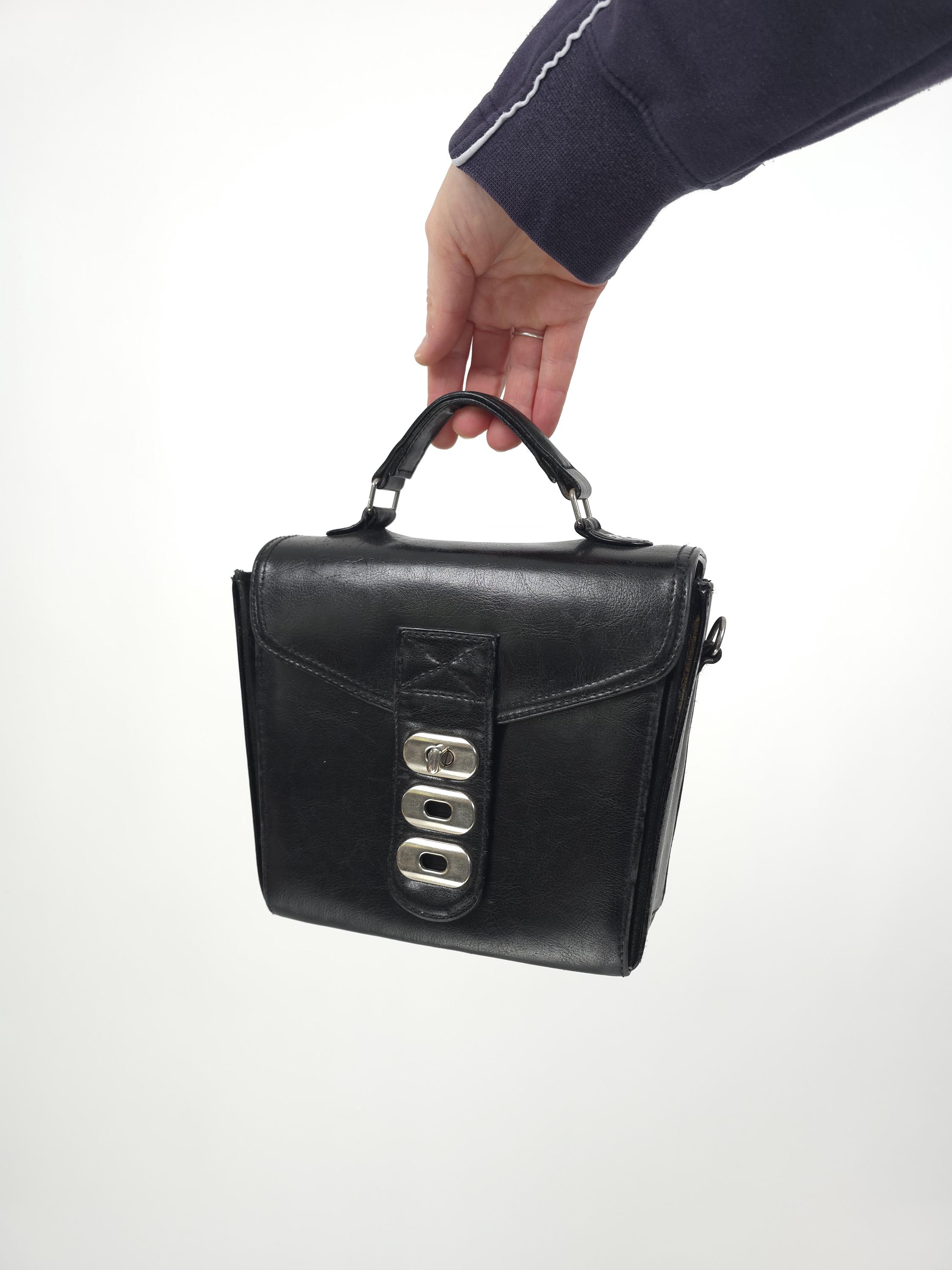 Vintage 80s Black Small Leather Box Buckle Bag Crossbody 80s Retro 