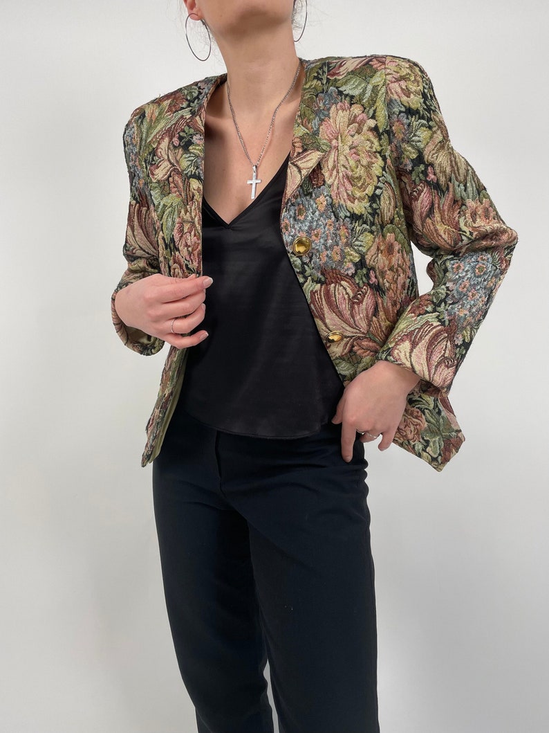 vintage 80s romantic floral tapisserie blazer size M 80er Jahre Retro Blazer Gobelin Blumen