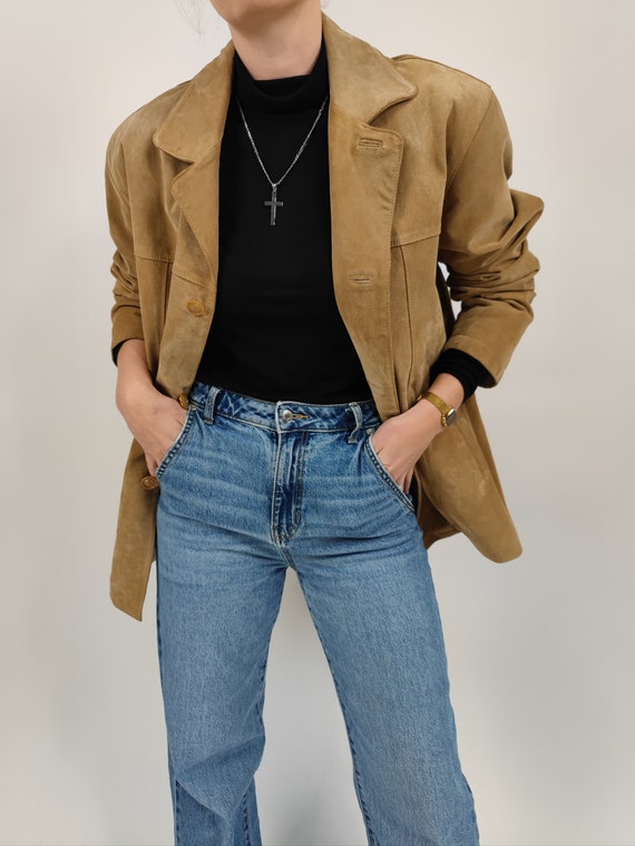 vintage 90s beige leather jacket size XL 90er Jah… - image 3