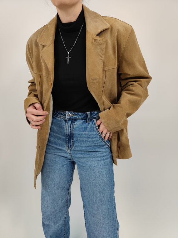 vintage 90s beige leather jacket size XL 90er Jah… - image 1
