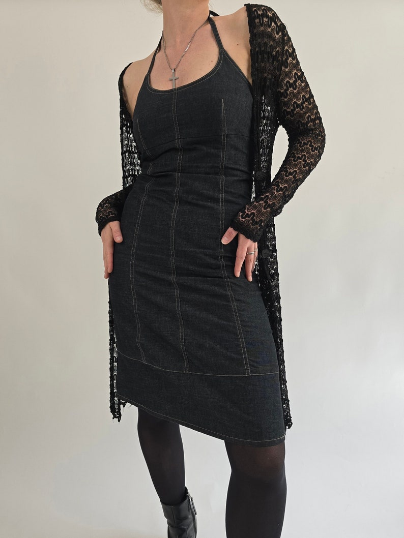 vintage 90s long black lace cardigan size S 90er Jahre Retro Strickjacke schwarz transparent lang Spitze