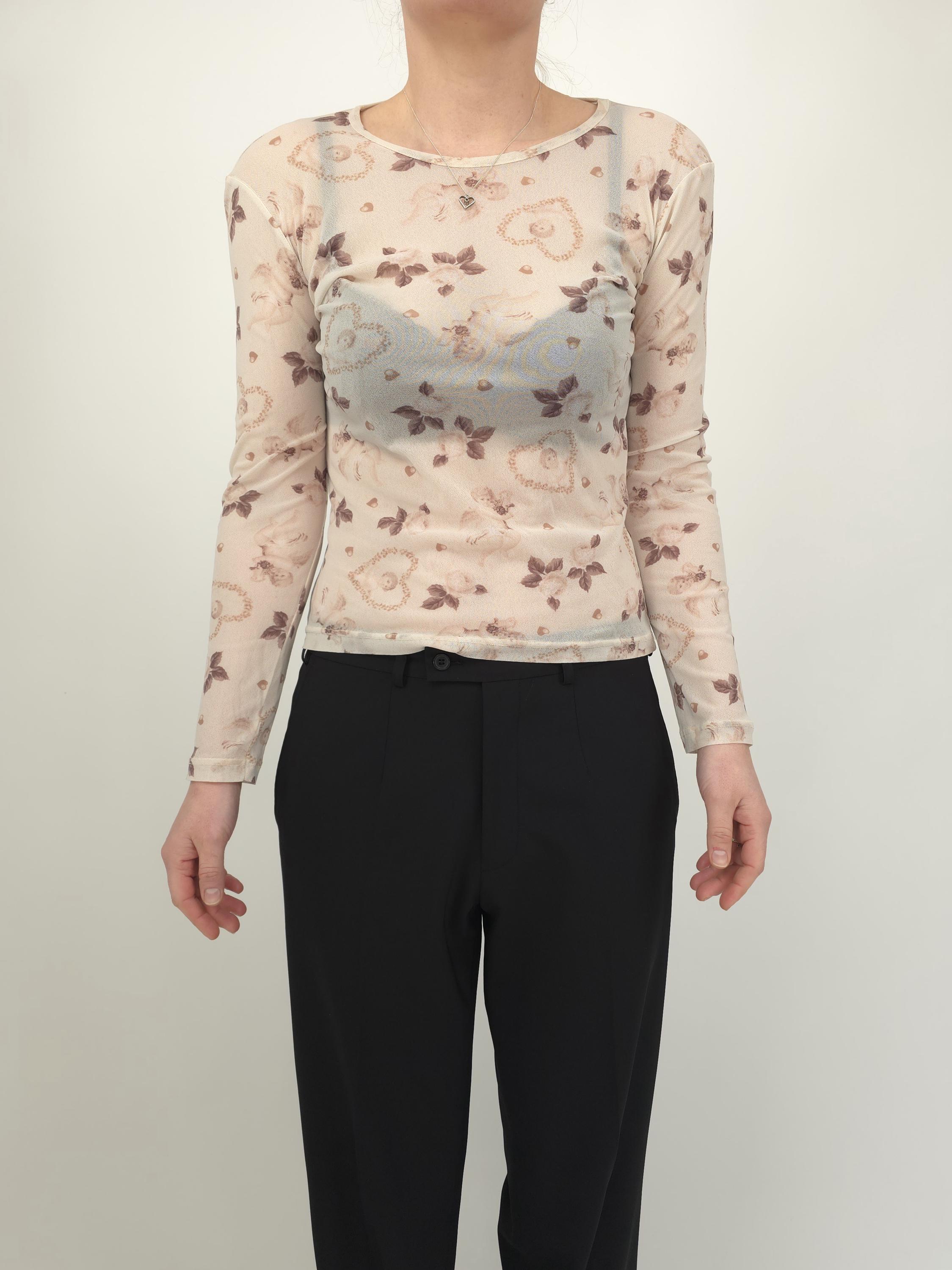 Vintage 90s Y2K Transparent Beige Floral Angel Long-sleeved Top, Size M ...