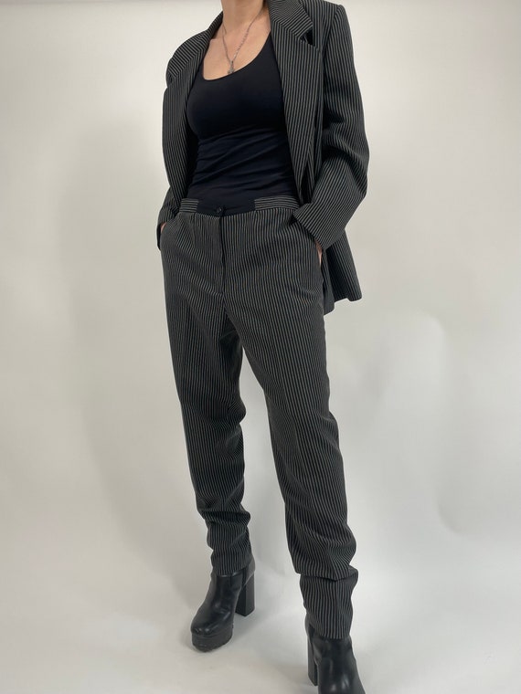 vintage 80s black pinstripes woman suit size L 80… - image 6