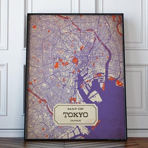 Impression personnalisée de plan de ville vintage, affiche de cartographie urbaine personnalisée, aménagement de rue de style rétro, oeuvre d'art violet orange, décoration unique de bureau à domicile