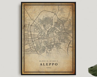 Aleppo Vintage Map Print, Aleppo Retro Map Poster, Antique Style Map, Syria, Office Wall Art, Housewarming Birthday Gift | VW306