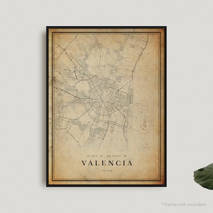 Impresión de mapa antiguo de Valencia, póster de mapa retro de Valencia, mapa de estilo antiguo, España, arte de pared de oficina, regalo de cumpleaños de inauguración de la casa / VW386+