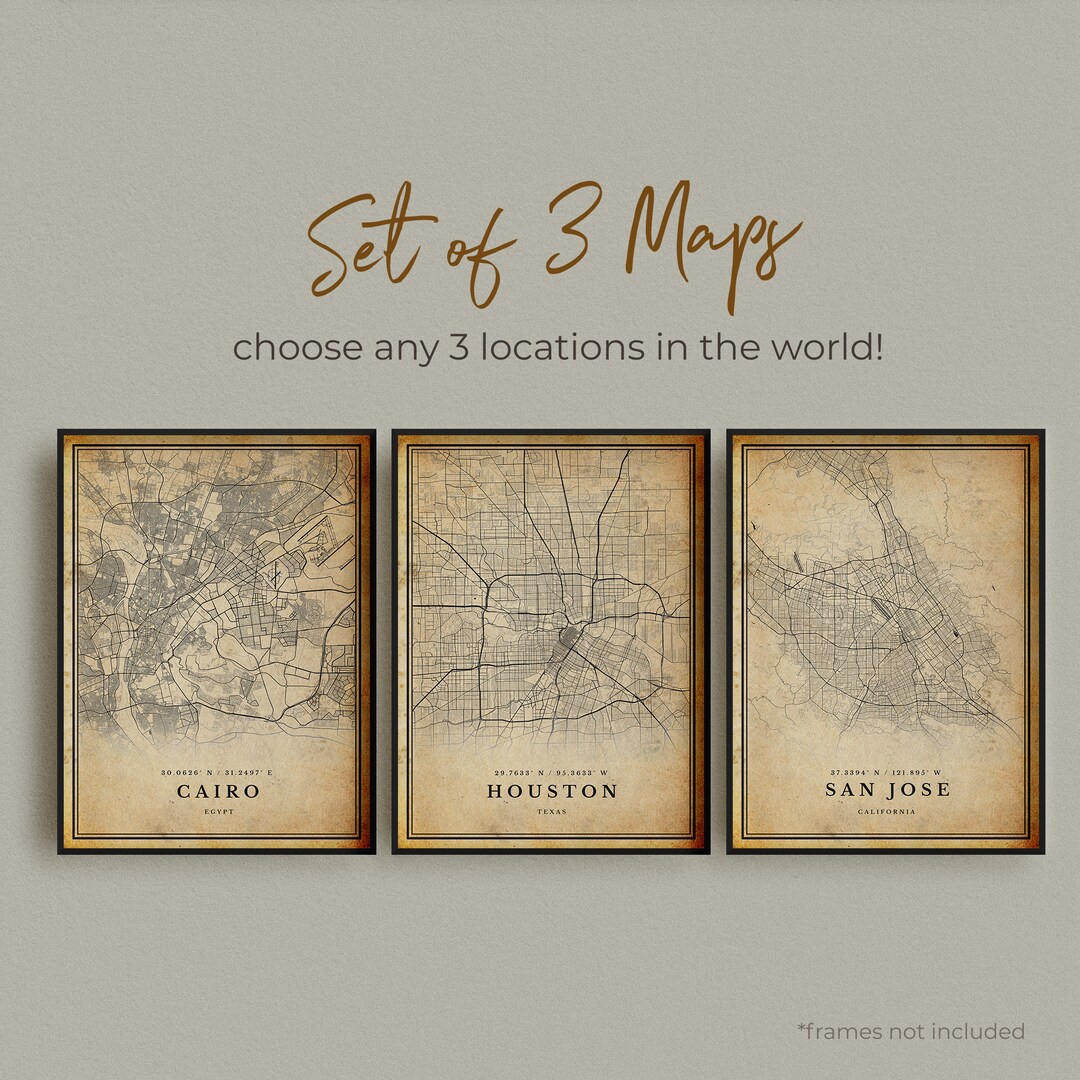 Set of 3 ANY CITY Vintage Map Posters Personalized Antique Map Prints