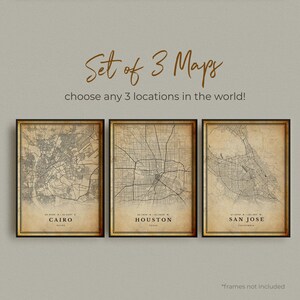 Set di 3 poster di mappe vintage di QUALSIASI CITTÀ, stampe di mappe retrò personalizzate (set di 3), posizioni personalizzate, regalo di compleanno per l'inaugurazione della casa / CU02