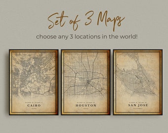 Set of 3 ANY CITY Vintage Map Posters, Personalized Retro Map Prints (Set of 3), Custom Locations, Housewarming Birthday Gift | CU02