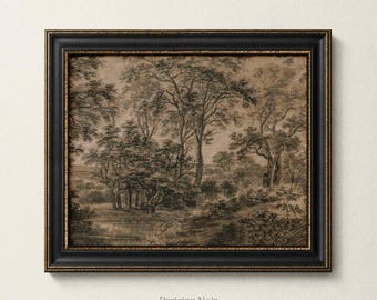 Vintage Forest Landscape Print, Woodland Nature Art, Monochrome Tree Drawing