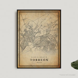Torreón Vintage Map Print, Torreón Retro Map Poster, Antique Style Map, Mexico, Office Wall Art, Housewarming Birthday Gift | VW370