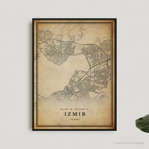 Impression de carte vintage d'Izmir, affiche de carte rétro d'Izmir, carte de style ancien, Turquie, oeuvre d'art murale de bureau, cadeau d'anniversaire de pendaison de crémaillère | VW299