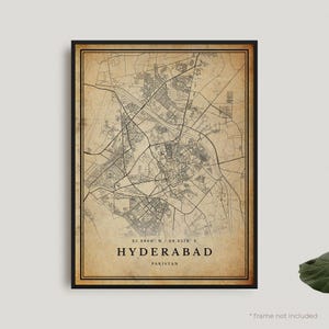 Impression de carte vintage Hyderabad, affiche de carte rétro Hyderabad, carte de style ancien, Pakistan, oeuvre d'art murale de bureau, cadeau d'anniversaire de pendaison de crémaillère | VW243