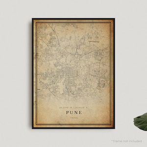 Impression de carte vintage de Pune, affiche de carte rétro de Pune, carte de style ancien, Inde, oeuvre d'art murale de bureau, cadeau d'anniversaire de pendaison de crémaillère | VW149